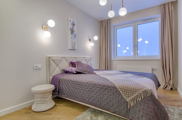 white and lilac bedroom