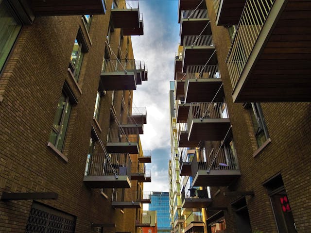 two brown buildings