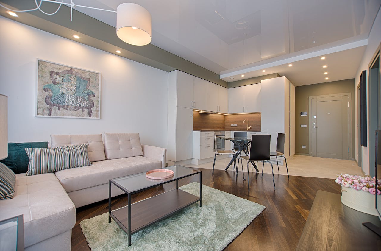 house interior with brown floors white cabinets