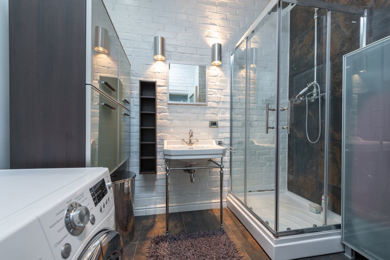 a modern bathroom with washing machine