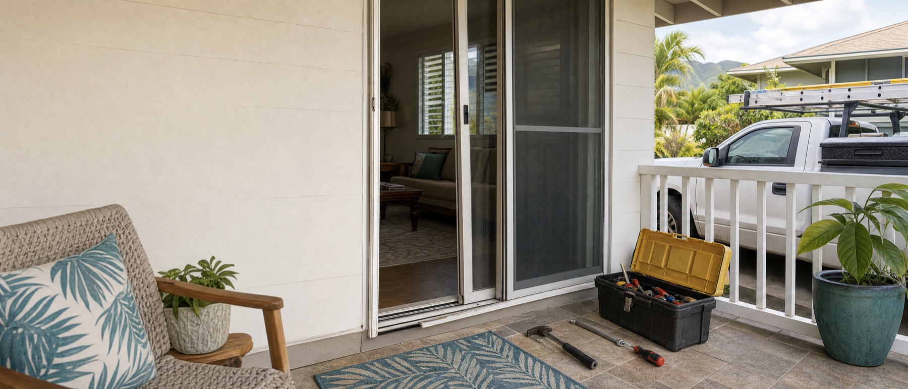 A Kailua lanai with a sliding screen door, an open toolbox, and a work truck parked at the rail.
